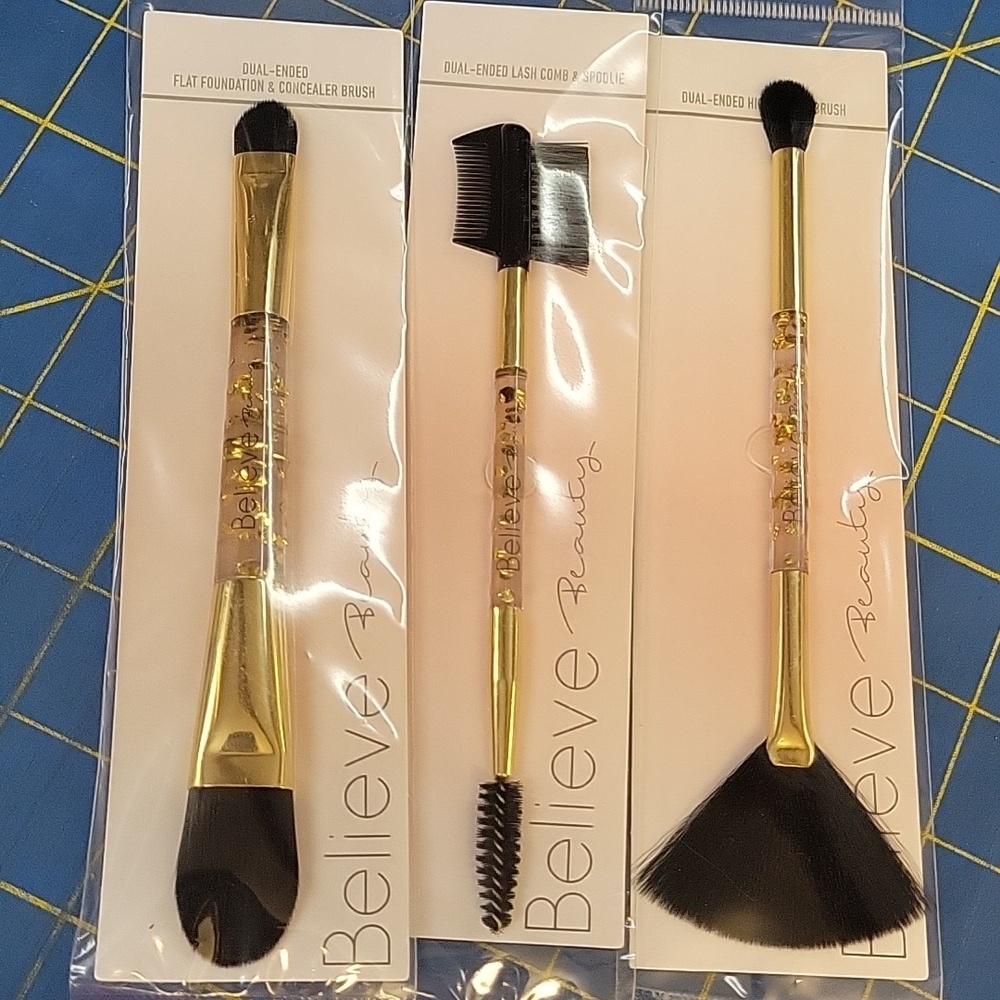 Believe Beauty Makeup Double Ended Clear Gold Brush Set of 3 New In Package